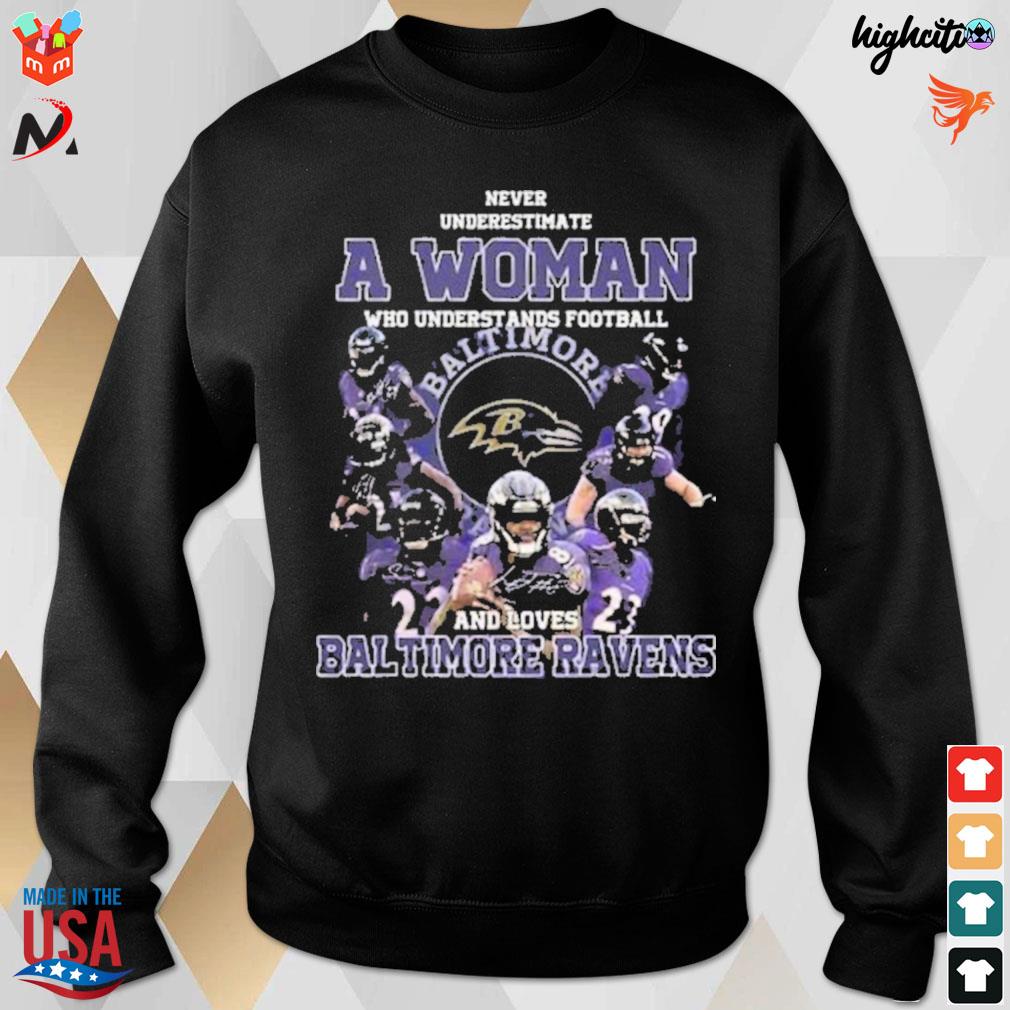 Never underestimate a woman who understands football and loves Baltimore Ravens all players t-s sweatshirt