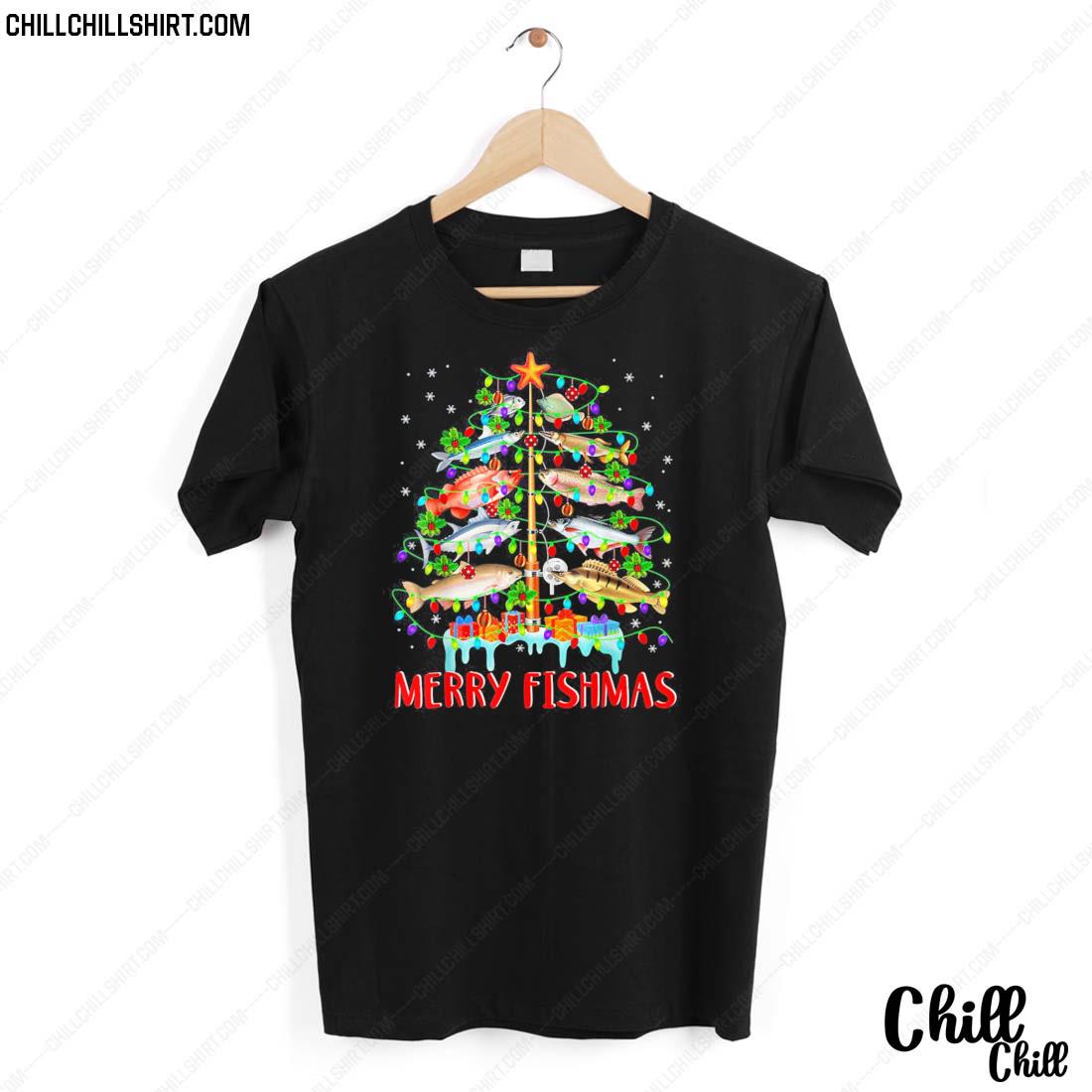 Nice merry Fishmas Funny Christmas Tree Lights Fish Fishing Rod T-shirt