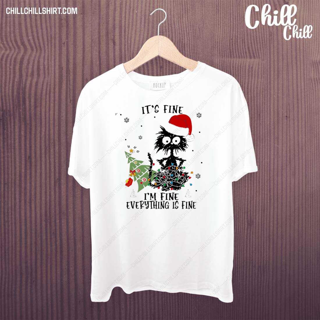 Nice it’s Fine Everything Is Fine Christmas Light Black Cat T-shirt