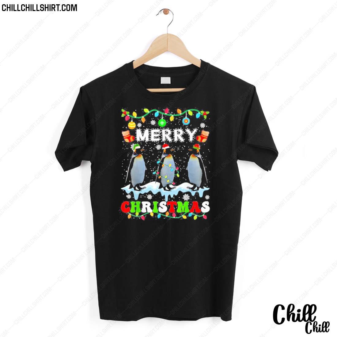 Nice merry Christmas Penguin Santa Hat Lights Xmas Kids Men Women T-shirt