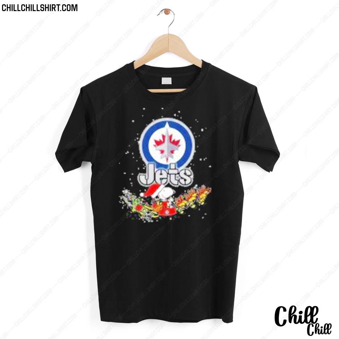 Nice santa Snoopy Riders Woodstock Merry Christmas Winnipeg Jets T-shirt